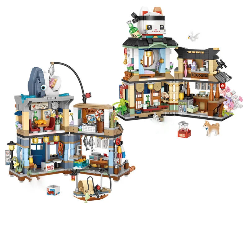loz Street scene series building blocks, animal commercial street, creative and cute street scene building block model ornaments