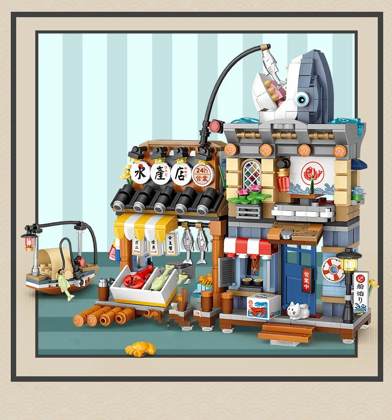 loz Street scene series building blocks, animal commercial street, creative and cute street scene building block model ornaments
