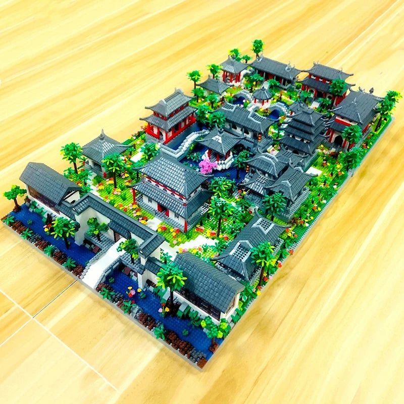 Lezi Architecture Ancient Pavilion Temple Tower Lake Garden Gate LED Light Model Mini Diamond Blocks Bricks Building Toy no Box